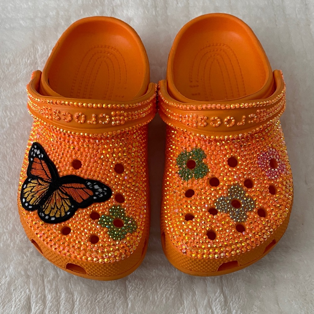 CROCS Orange Slippers with Butterfly and Flower Accents - Picture 1 of 4